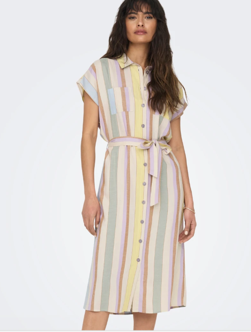 Vestido ajustável de riscas verde e laranja