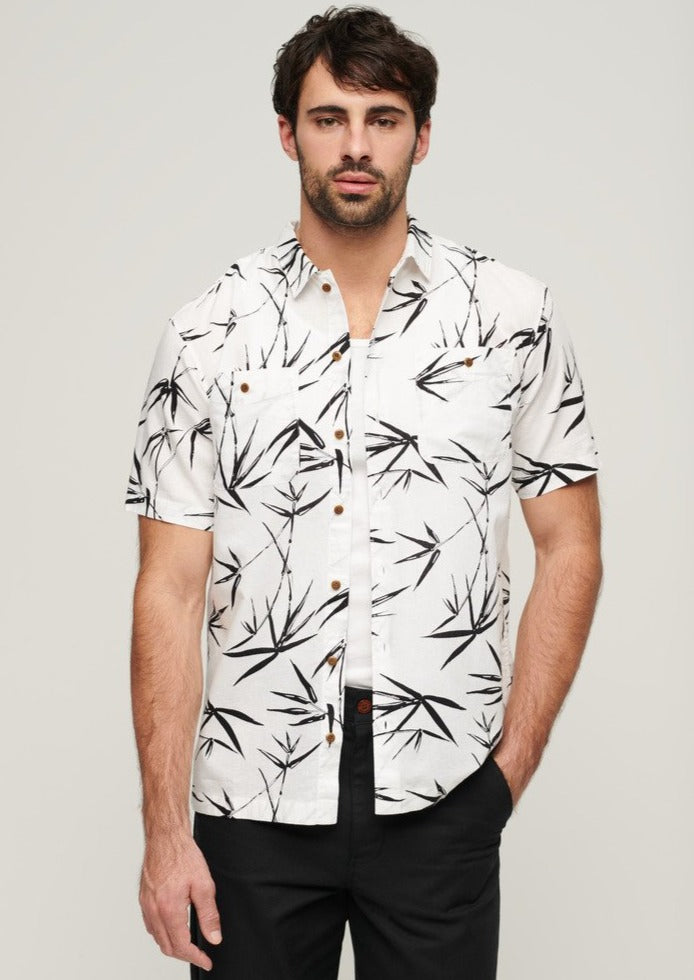 Camisa em linho manga curta branco e preto