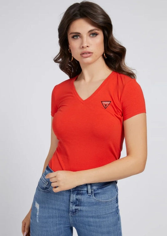 T-shirt básica decote V Guess vermelho